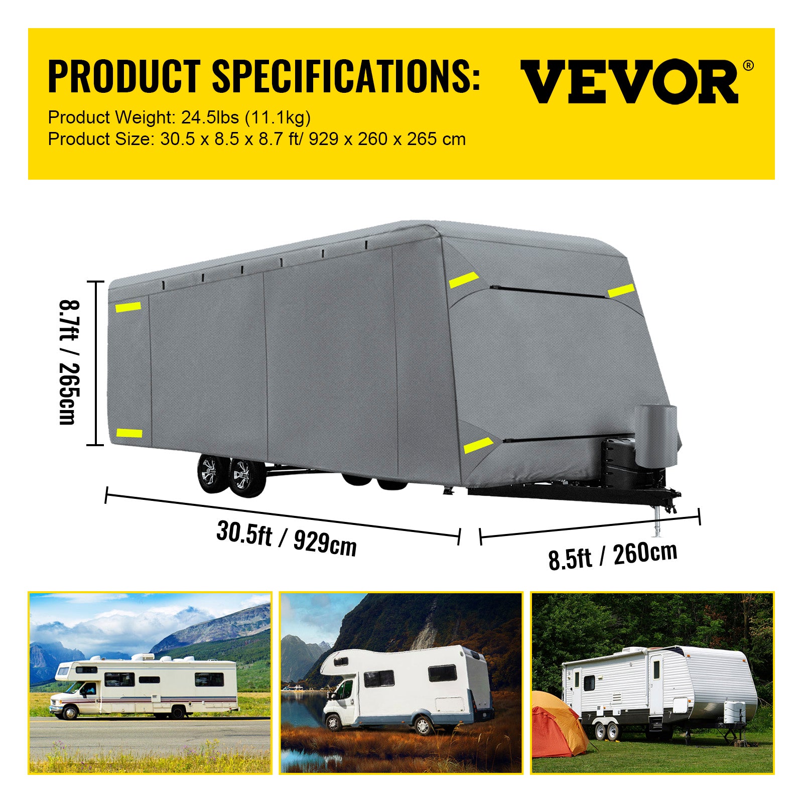 VEVOR RV Cover 27'-30' RV and Trailer Cover Extra-Thick 4 Layers Travel Trailer RV Cover Durable Camper Cover， Waterproof Breathable Anti-UV Ripstop for RV Motorhome with Adhesive Patch and Storage Bag