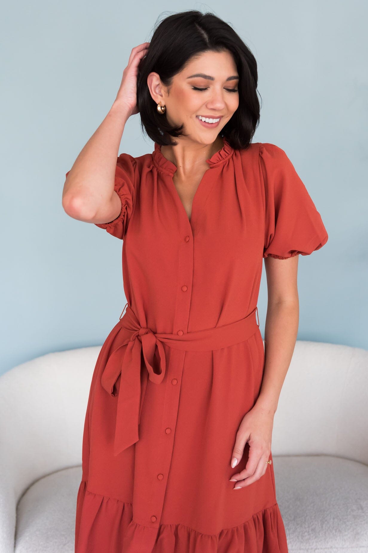 Alaska V-neck Puff Sleeve Spring Dress-Persimmon Red