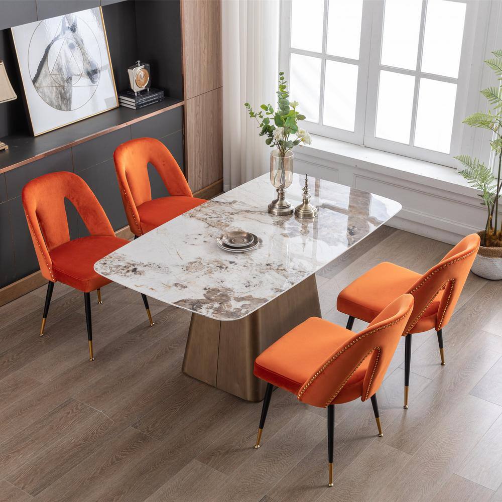 Modern Orange Velvet Upholstered Dining Chair with Nailheads and Metal Legs (Set of 2) FY-W114343514