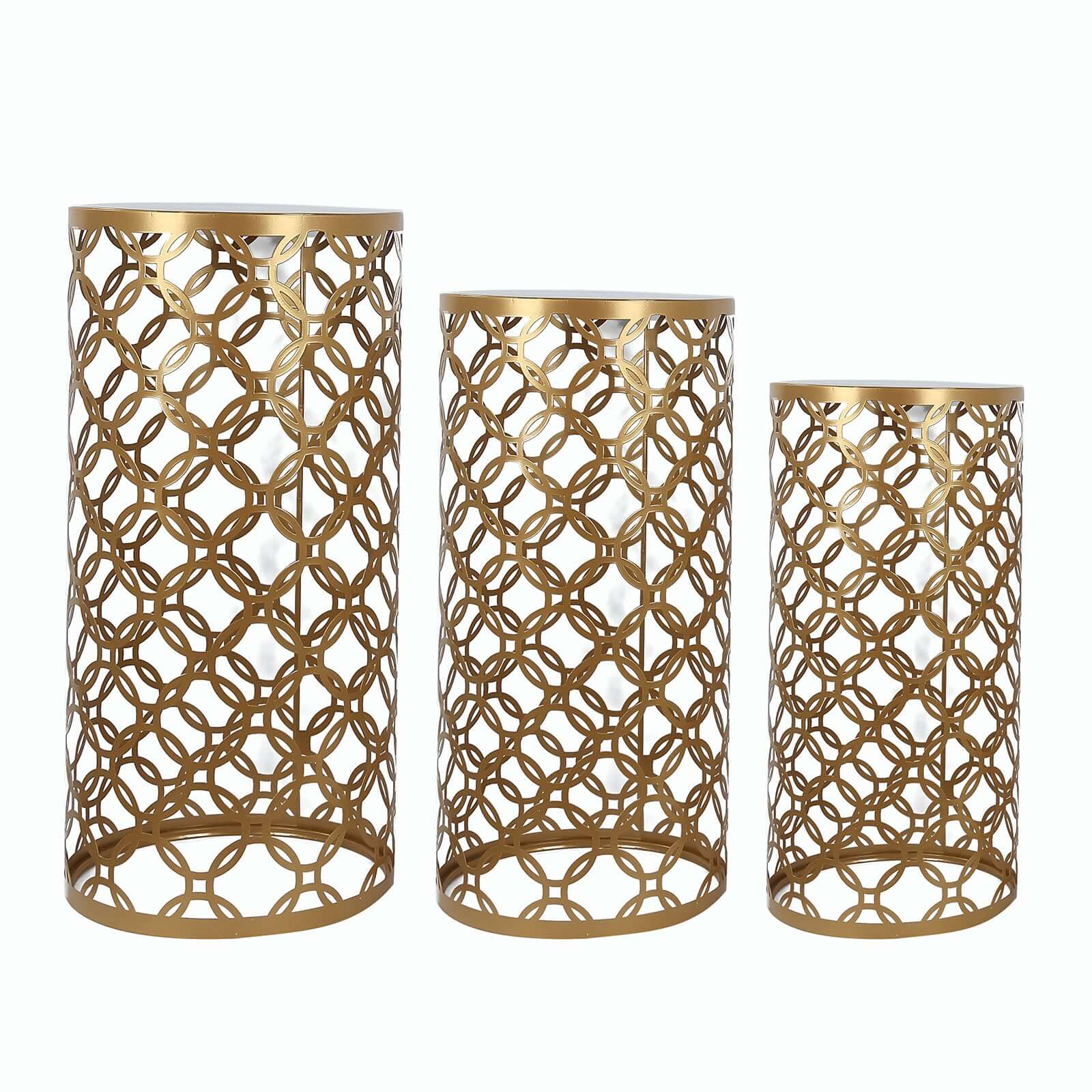 Set of 3 Gold Metal Cylinder Plinth Pedestal Stands, Round Mesh Pillar Cake Display Stand in Hollow Overlapping Circles Pattern - 22