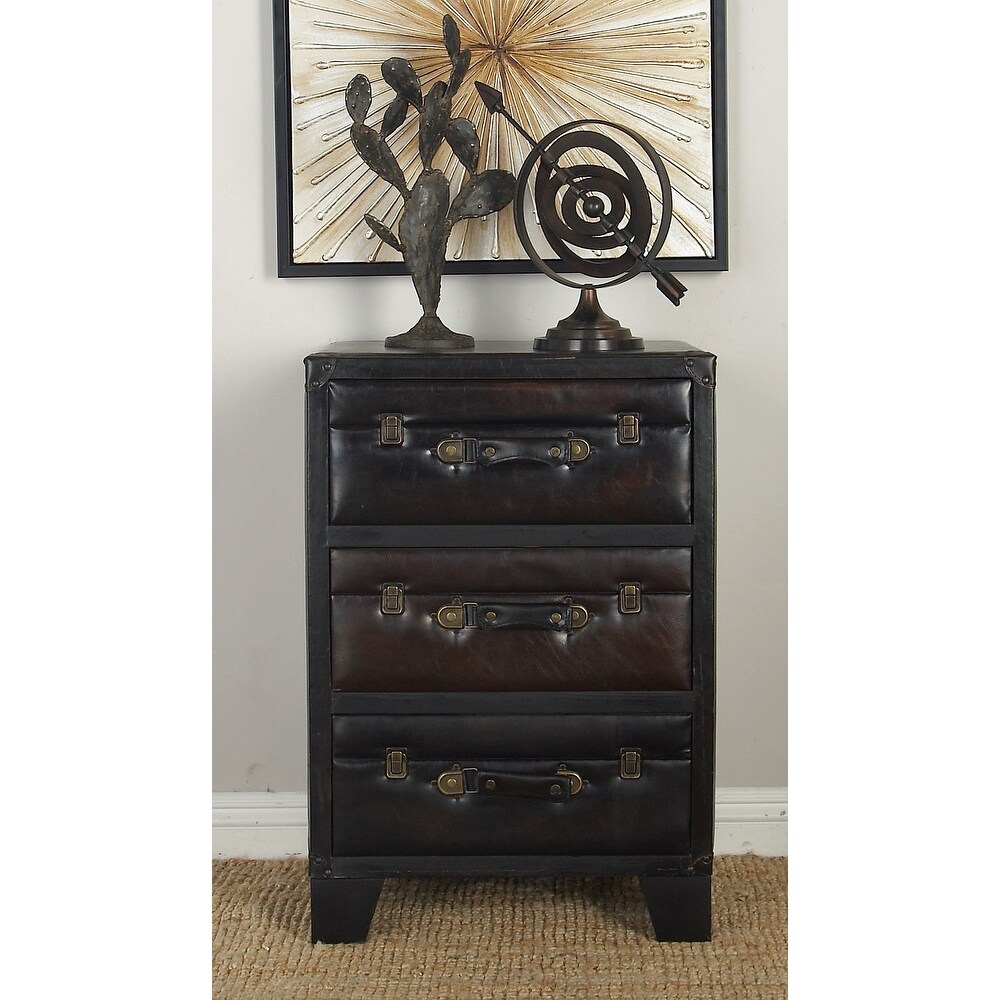 Dark Brown Faux Leather Vintage Faux Leather Cabinet with Buckles and Straps Detailing   19 x 14 x 28