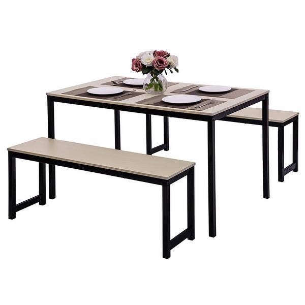 3 Pieces Dining Table and Chair Set， Dining Table with Two Benches， Black