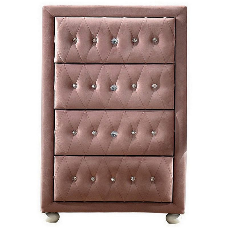 Rex 38 Inch Tall Upholstered Dresser Chest， 4 Drawer， Crystal Handles， Pink