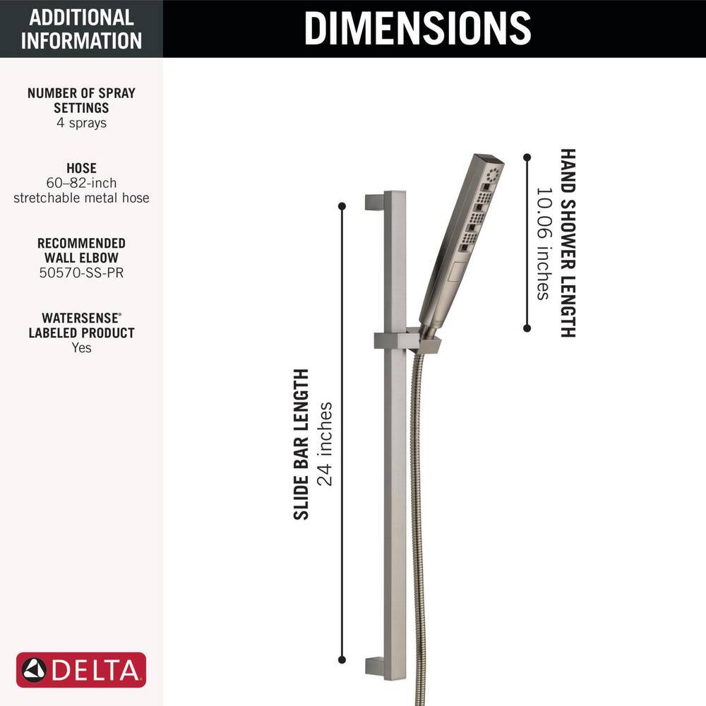 Delta 4-Spray Patterns 1.75 GPM 1.43 in. Wall Mount Handheld Shower Head with H2Okinetic in Lumicoat Stainless 51140-SS-PR