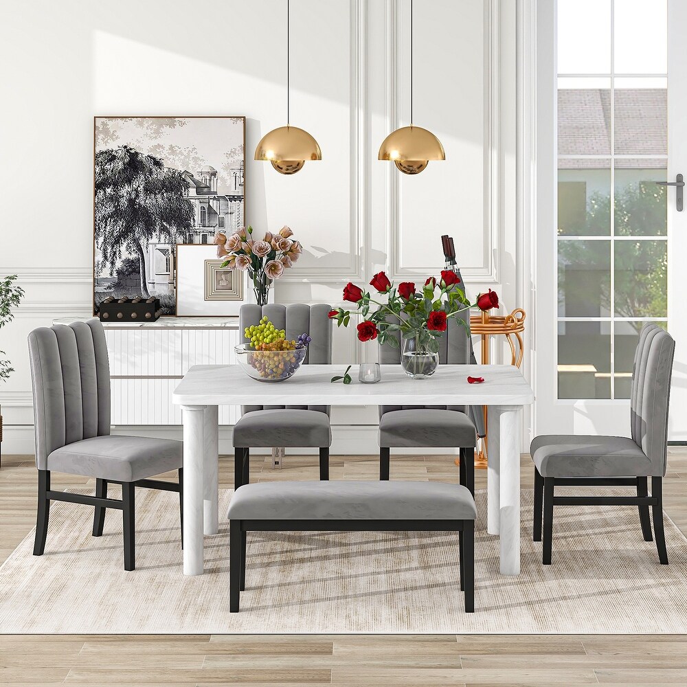 6 Piece Dining Table Set with Marble Veneer Table 4 Chairs and 1 Bench