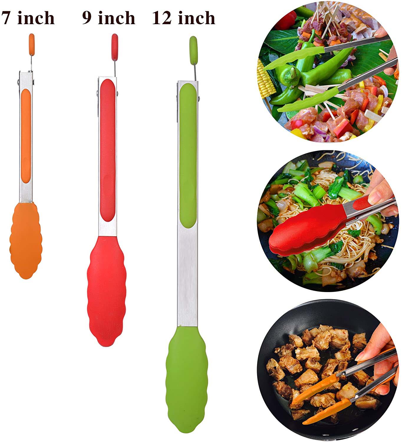 FACEGLE Kitchen Tongs,Cooking Tongs,Silicone Tongs,Salad Tongs,Non-Slip Food Tongs for Cooking, Heavy Duty, Non-Stick, 480℉, Set of 3-7" 9" and 12"