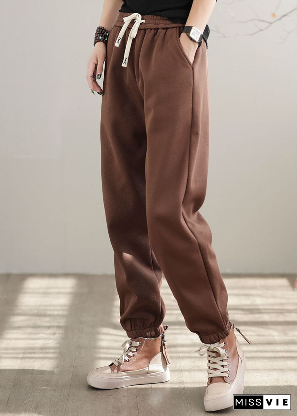 Casual Chocolate Elastic Waist Oversized Warm Fleece Pants Winter