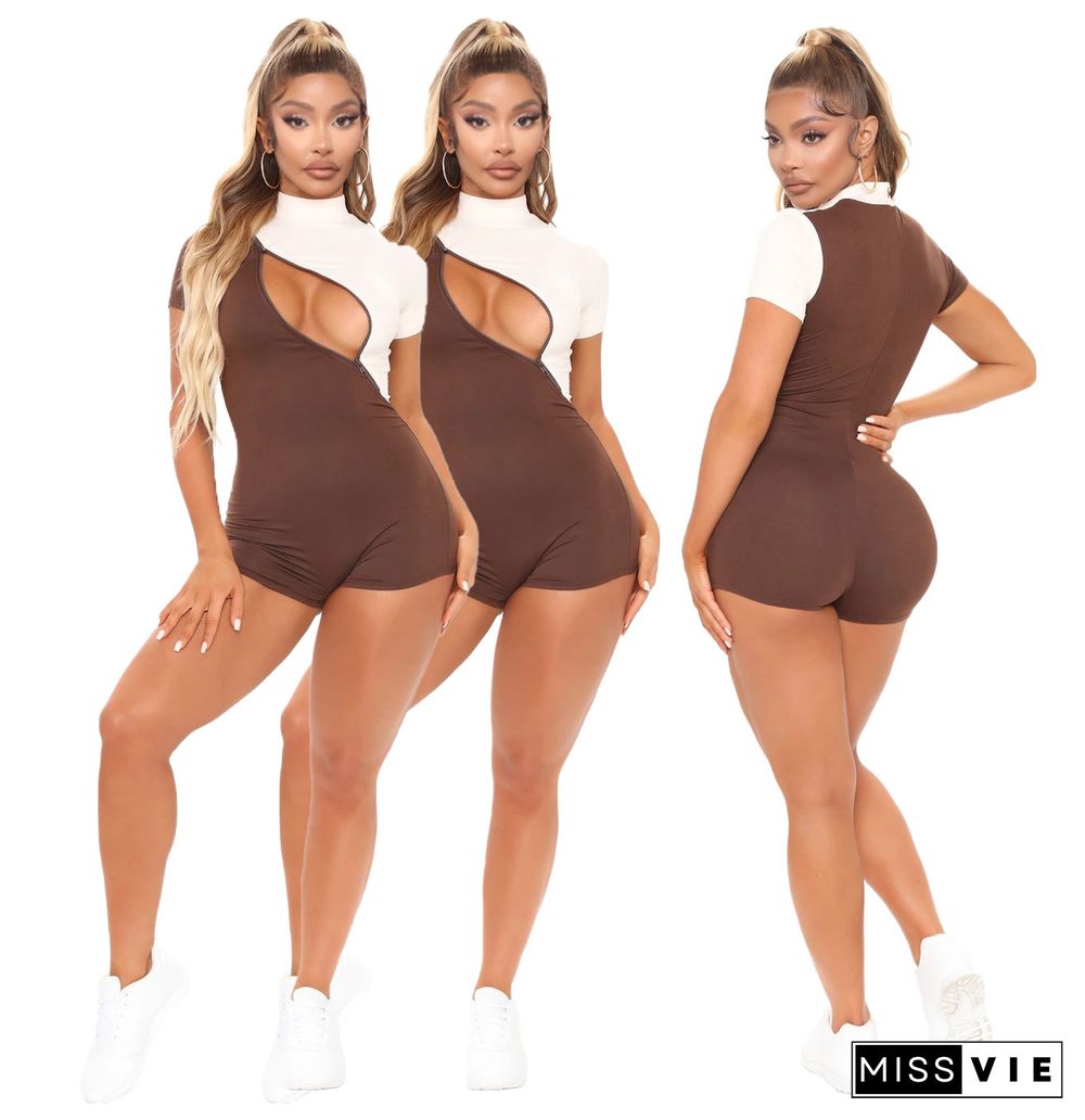 Summer Hot Style Short Sleeve O-Neck Color Patchwork Zipper MId Waist Bodycon Women Rompers