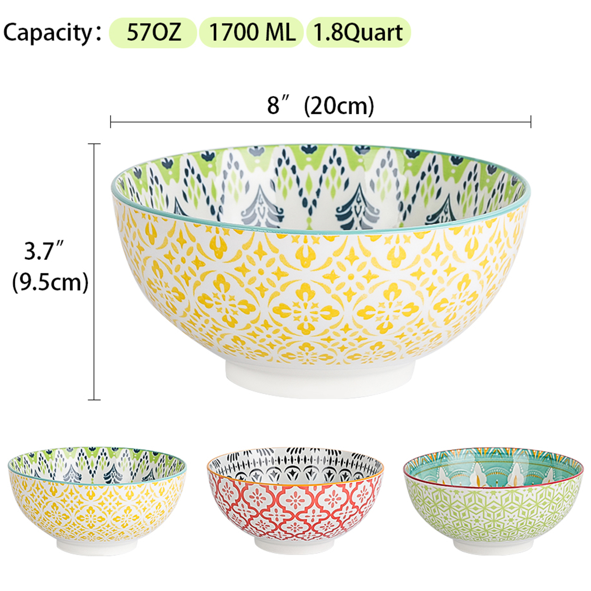 AHX Multicolor 3-Piece Round Porcelain Serving Bowl Set，57-oz Large Salad Bowls，8-inch