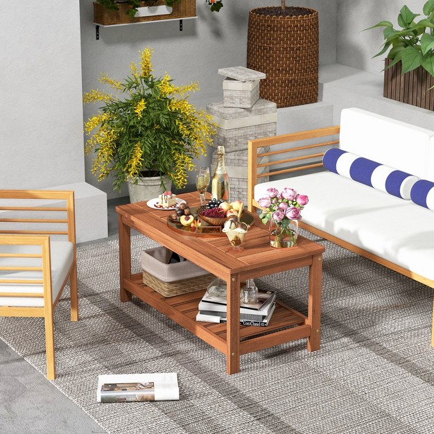 Tangkula Patio Hardwood Coffee Table 2 tier Wooden Coffee Table With Slatted Tabletop amp Storage Shelf Outdoor Rectangular Cocktail Table