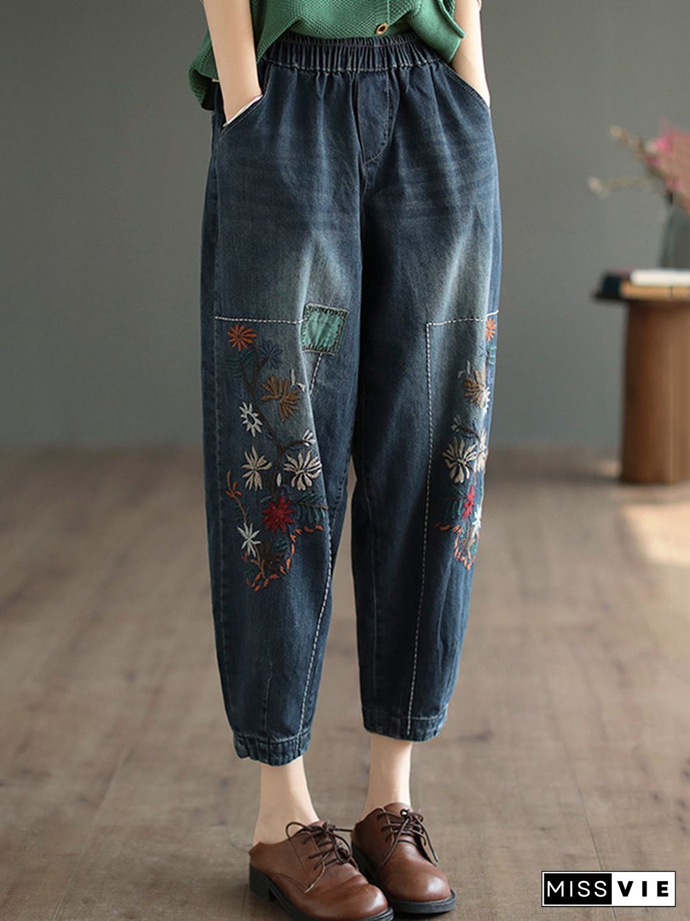 Vintage Loose Embroidered Elasticity Harem Jean Pants Bottoms