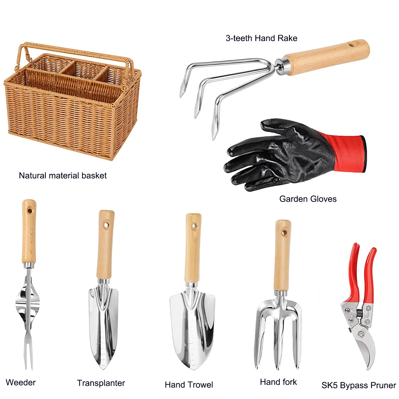 Top Quality Wholesale 8PCS Stainless Steel Home Garden Tool Set with Wood Handle and PVC Basket