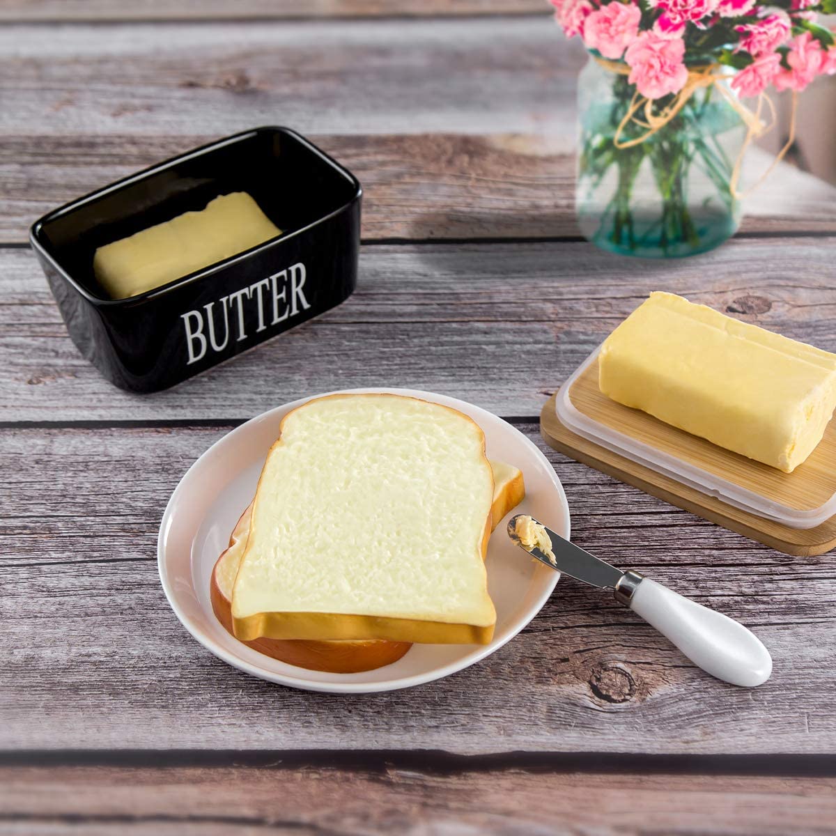 Porcelain Butter Dish with Bamboo Lid - Covered Butter Keeper with Butter Knife for Countertop， Airtight Butter Container with Cover for East West Coast Butter， Black