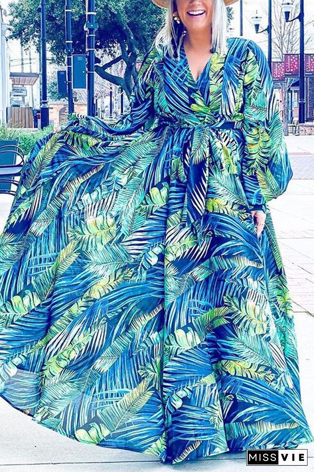 Leaf Print Belted Wrap Long Sleeve Maxi Dress