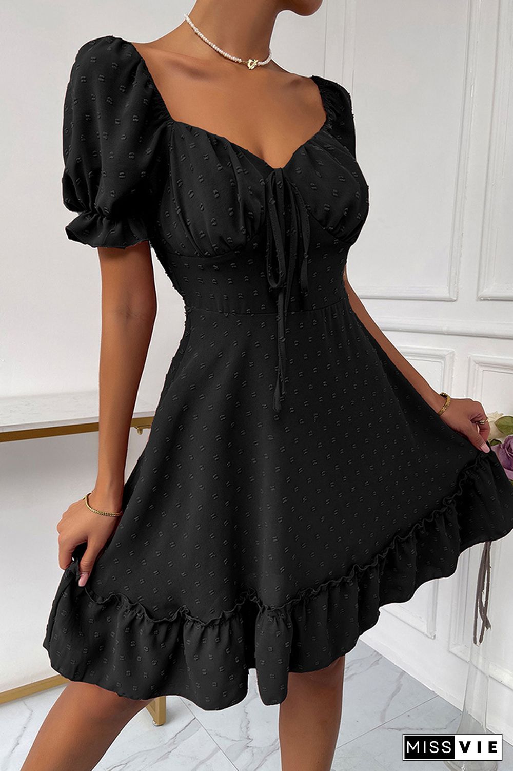 Solid Polka Dot Ruffle Short Sleeve Dress Wholesale