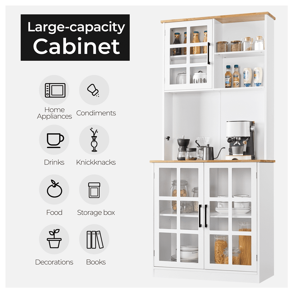 Topeakmart Kitchen Pantry with 3 Cabinets and 2 Open Shelves， White