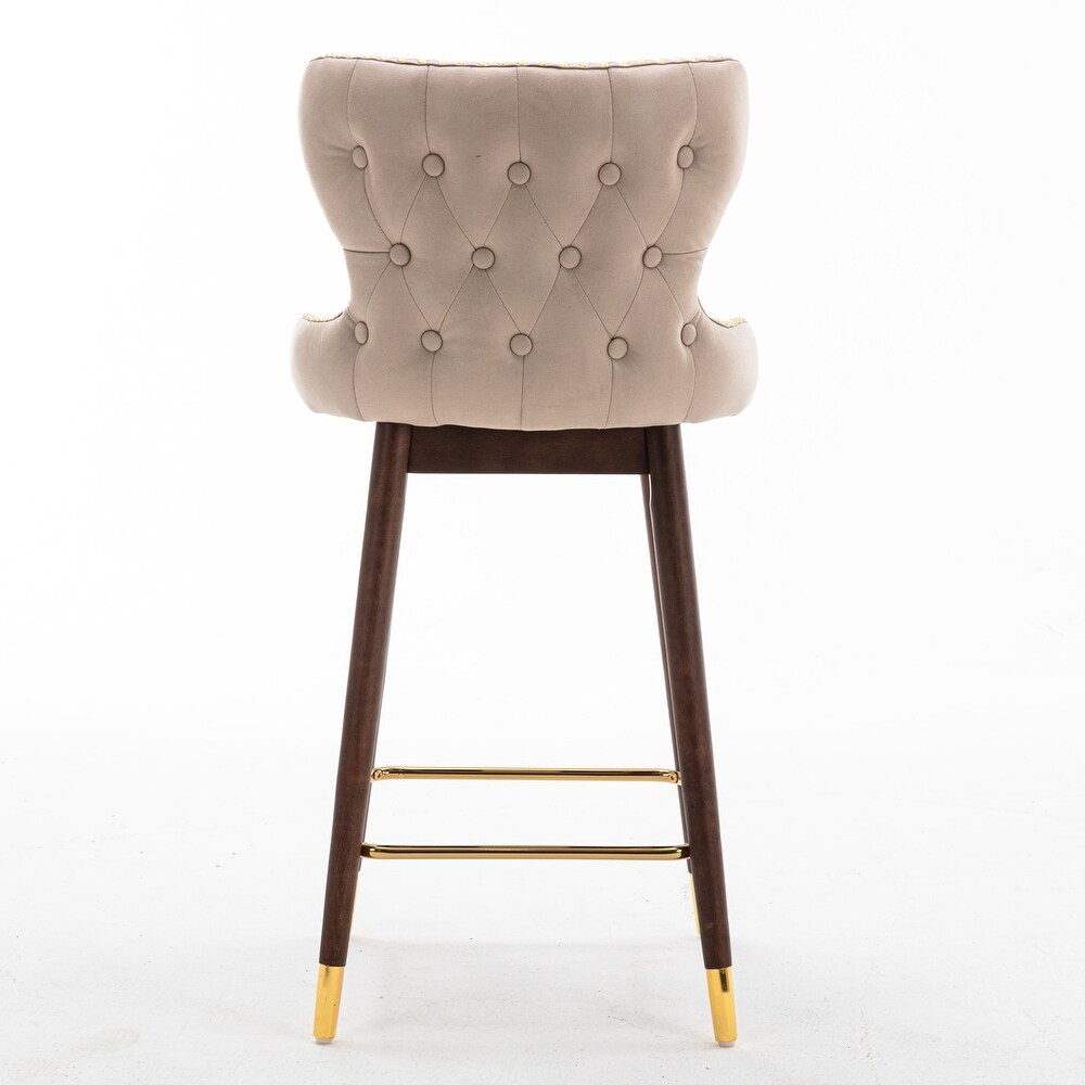 Modern Leather Fabric Bar Stool with Gold Nailheads   Solid Wood Legs  Set of 2