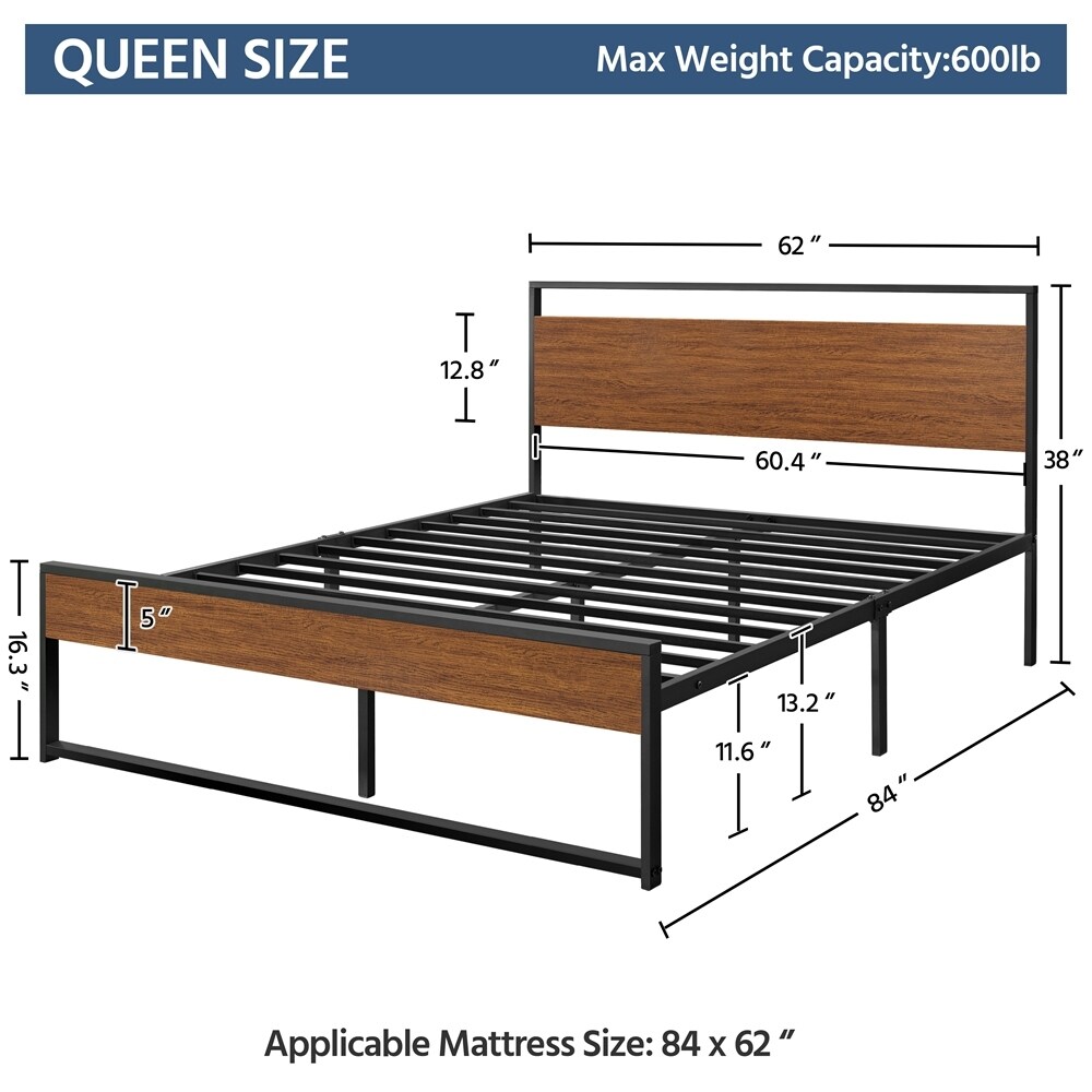 Yaheetech Rustic Metal Platform Bed Frame Sturdy Slatted Bed Base