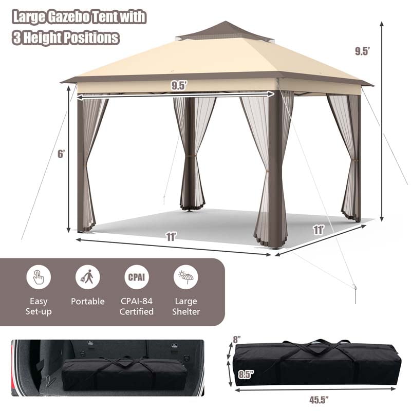 11 x 11 FT Pop Up Gazebo Tent Portable Canopy Shelter with Carry Bag & Mesh Netting