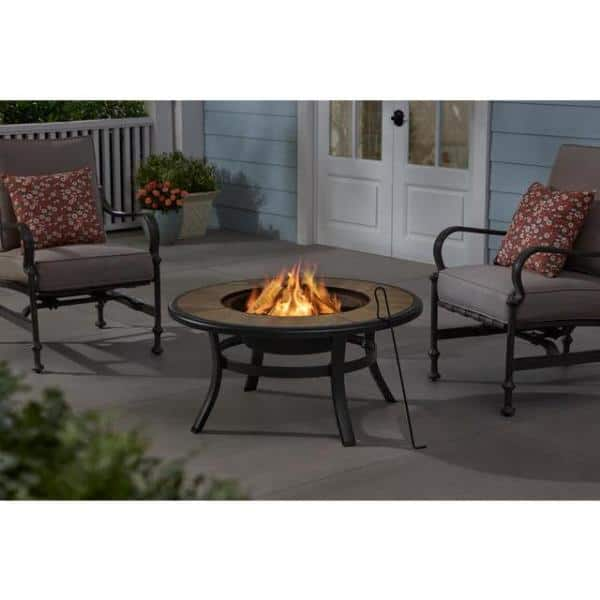 Hampton Bay Whitfield 38 in. Round Black Steel Wood-Look Tile Top Wood Burning Fire Pit 3022FP-1