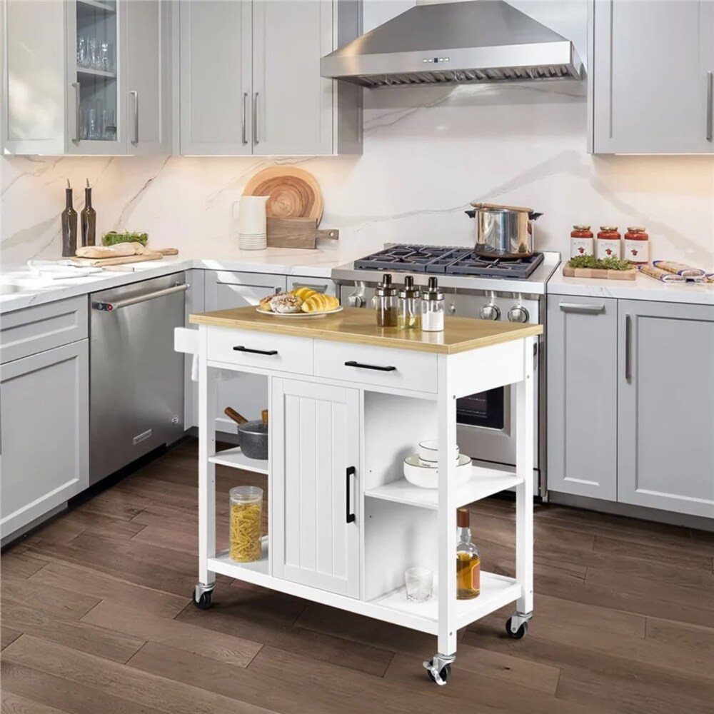 Modern Kitchen Island  Kitchen Cart With Locking Wheels  White