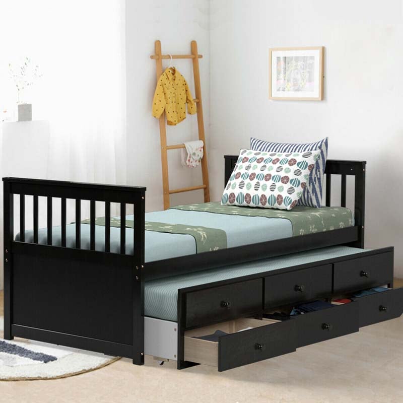 Twin Captain's Bed with Trundle Bed, Storage Daybed with 3 Drawers, Wooden Platform Bed for Kids Guests Sleepovers