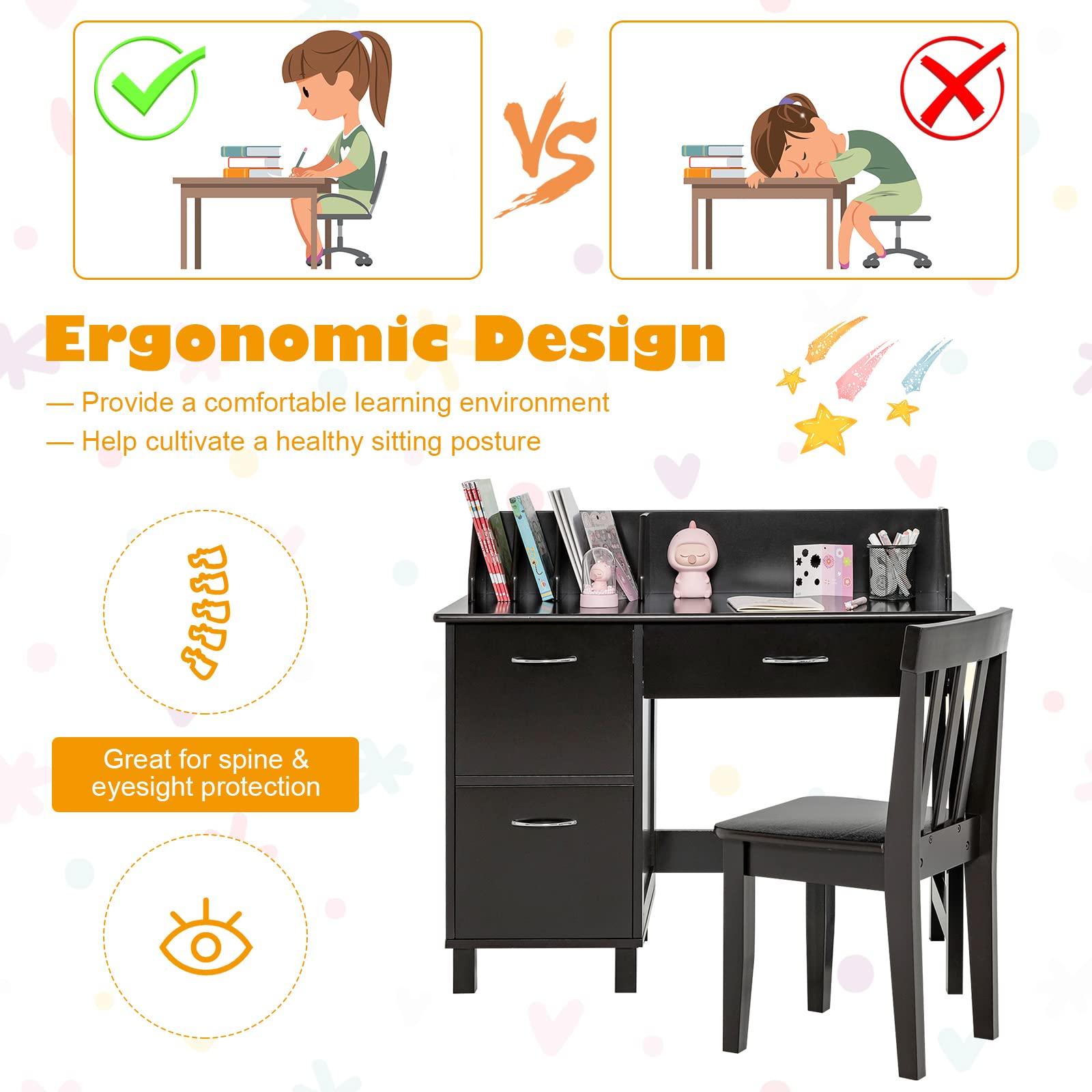 Costzon Kids Desk and Chair Set, Children Wooden School Learning Table