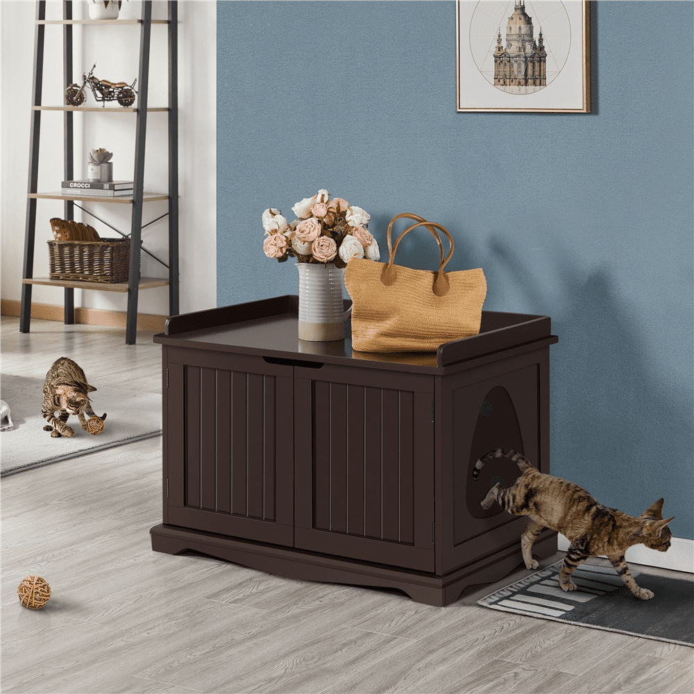 Easyfashion Wooden Cat Litter Box Furniture with Door， Espresso