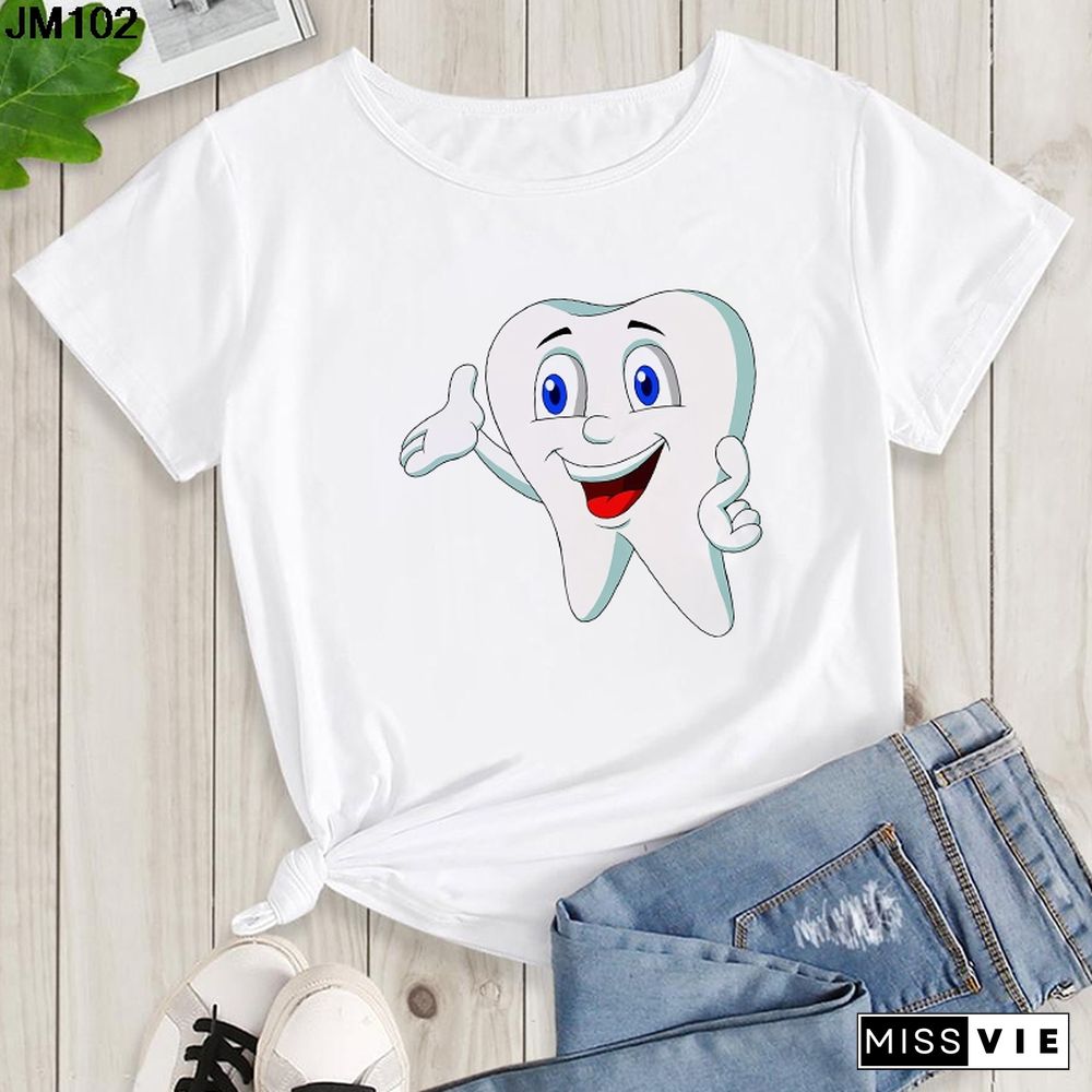 Aesthetic Funny Tooth Dentist Print Female Clothing T-shirt 90s Harajuku Kawaii O-neck Tshirt Summer Fashion Women's Top T Shirt