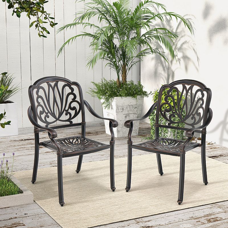 2 Pieces Patio Cast Aluminum Dining Chairs With Armrests-Bronze