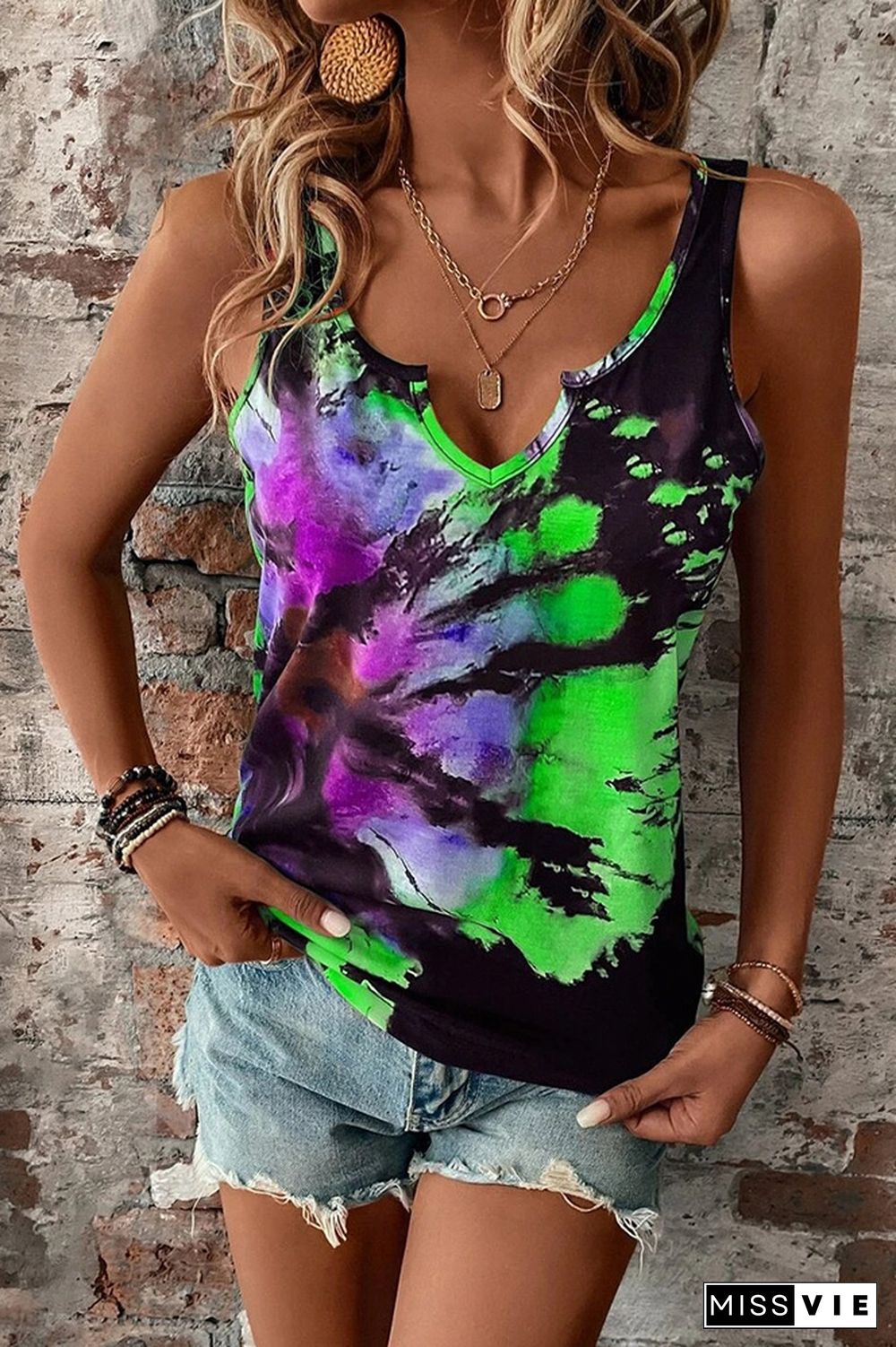 Split V Neck Tie Dye Tank Top