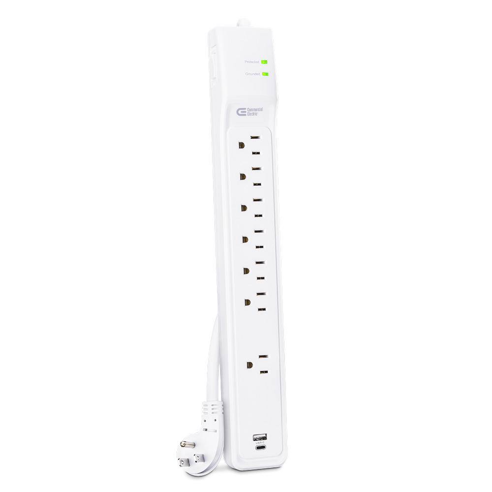 Commercial Electric 6 ft. 7-Outlet Surge Protector with USB in White HDC706UCW