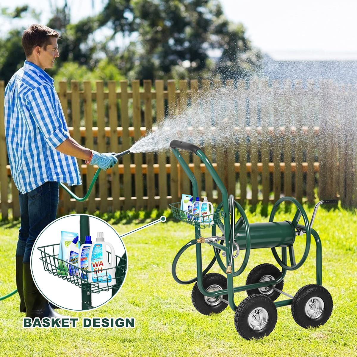 NiamVelo Garden Hose Reel Cart with Wheels， Water Hose Reel Cart Heavy Duty Hose Reel Holds 300-feet of 5/8-inch Hose Metal Hose Reels for Outdoor Yard Lawn with Storage Basket， Green