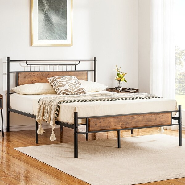 Industrial 3-Pieces Bedroom Set Platform Bed Frame and Nightstands Set of 2 - - 36913922