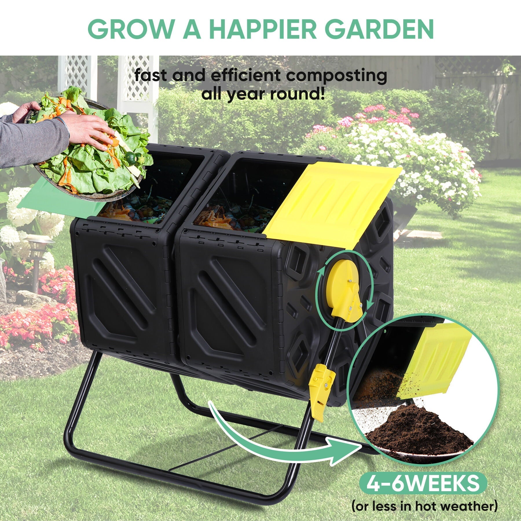 SuperDeal 37Gal Patio Dual Chamber 360° Tumbling Composter Bin BPA Free All Seasons Black Tank