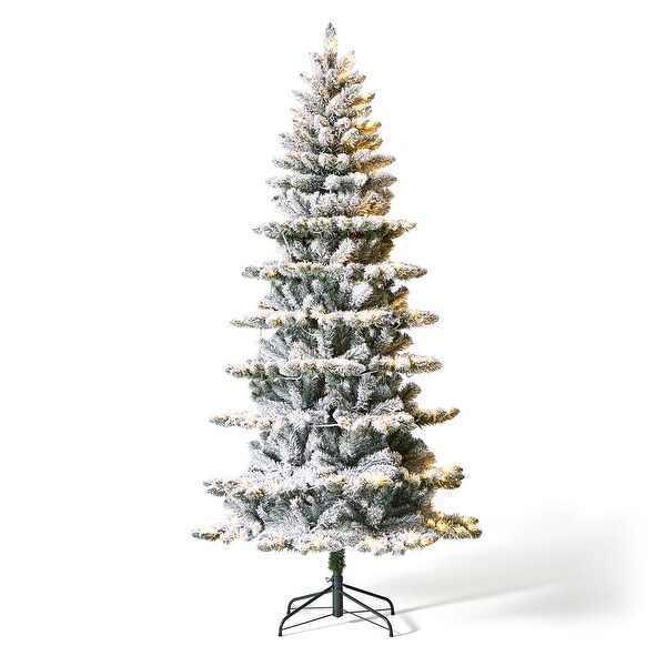 Glitzhome 7.5ft/9ft PreLit Flocked Slim Spruce Artificial Christmas Tree with Warm White Lights