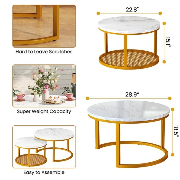 Stylish Round Coffee Table Set Nesting Coffee Tables with Metal Frame and 1 Metal Mesh Shelf (Set of 2)