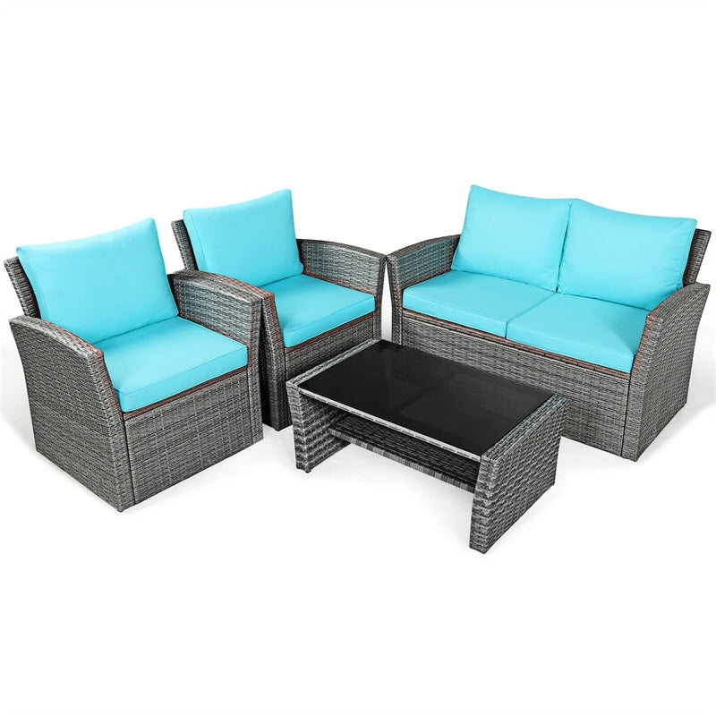 4 Pcs Rattan Patio Sectional Furniture Set with Storage Shelf Table, Cushioned Outdoor Wicker Conversation Sofa Set