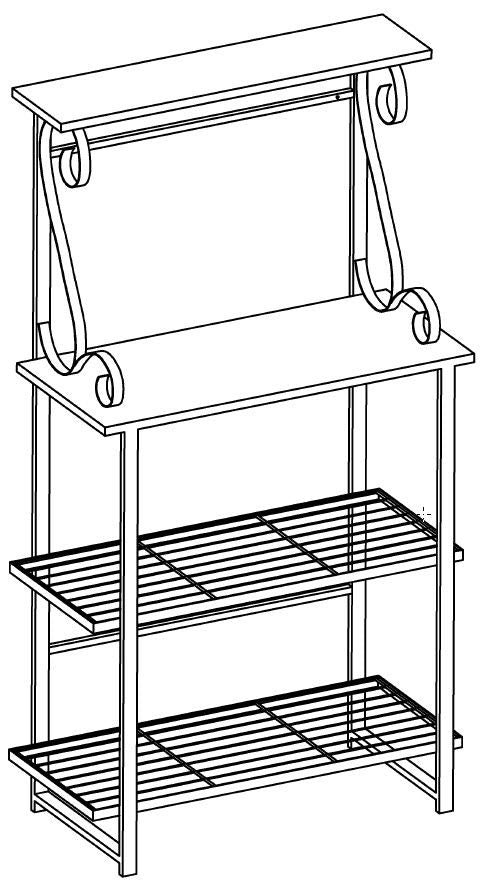 Solitude 4 Tier Free Standing Kitchen Bakers Rack， Pewter Metal Frame and Black Wood Center Shelf， Transitional