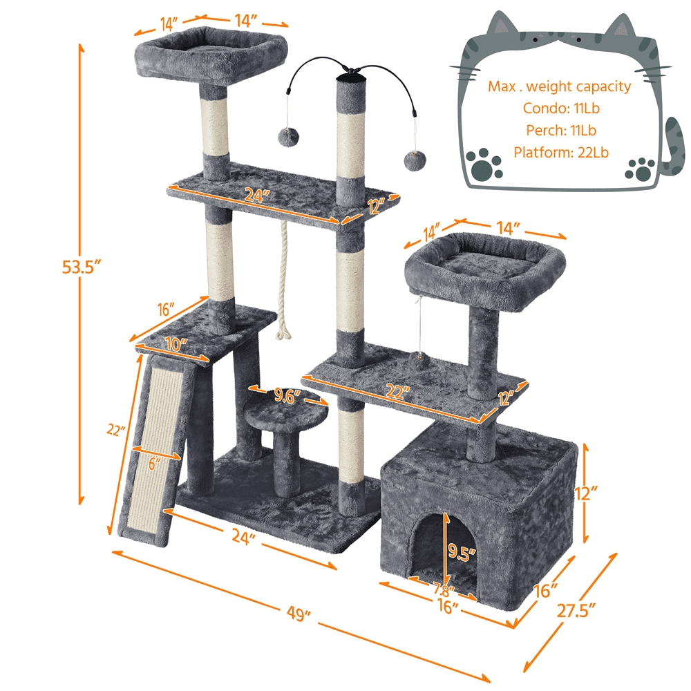 SMILE MART Multilevel Plush Cat Tree Activity Tower Play Center with Sisal Scratching Posts， Dark Gray