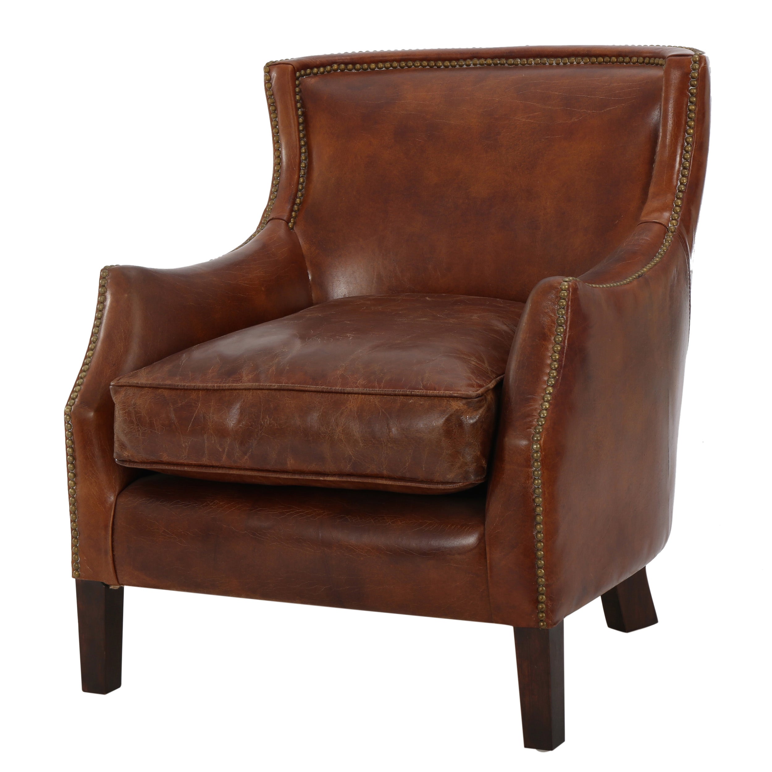 Napier Brown Top Grain Leather Upholstered Club Chair with Nailhead Trim