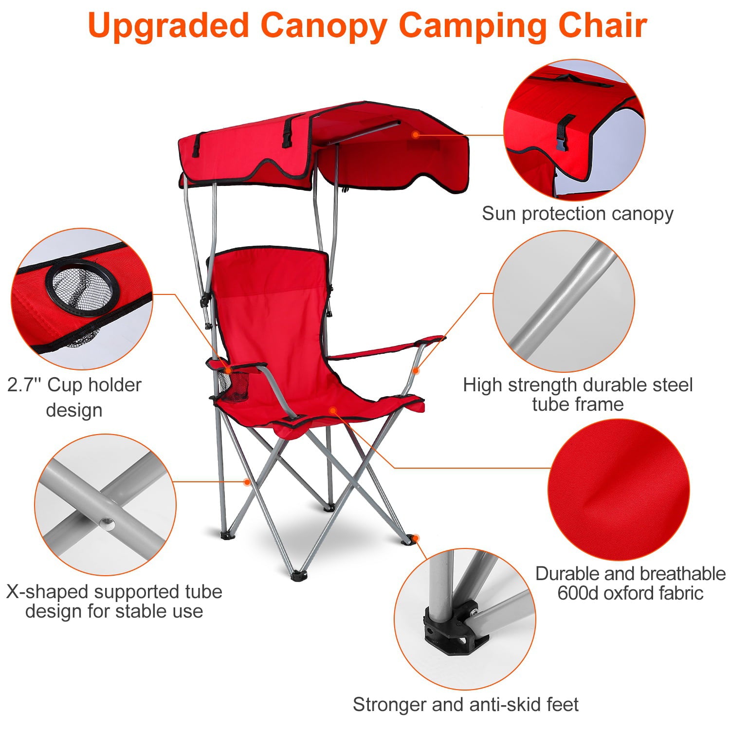 Beach Chair with Canopy Shade， iMountek Folding Canopy Camping Sports Chair， Red