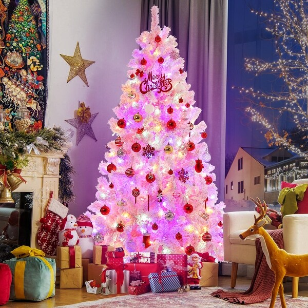 6Ft Prelit Pink Artificial Christmas Tree，Snow Flocked Faux Xmas Pine Tree with 250 Multi Color LED Lights