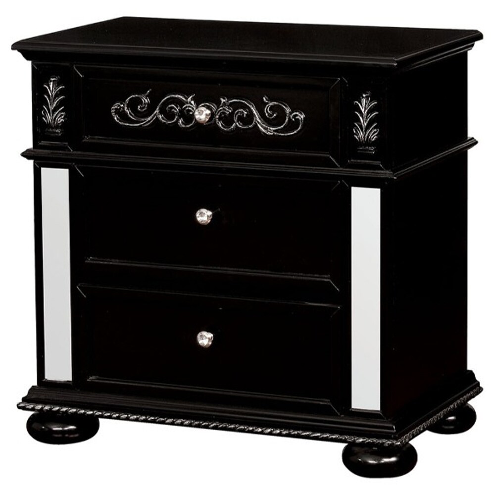 Three Drawer Solid Wood Nightstand with Crystal Knobs and Bun Feet  Black