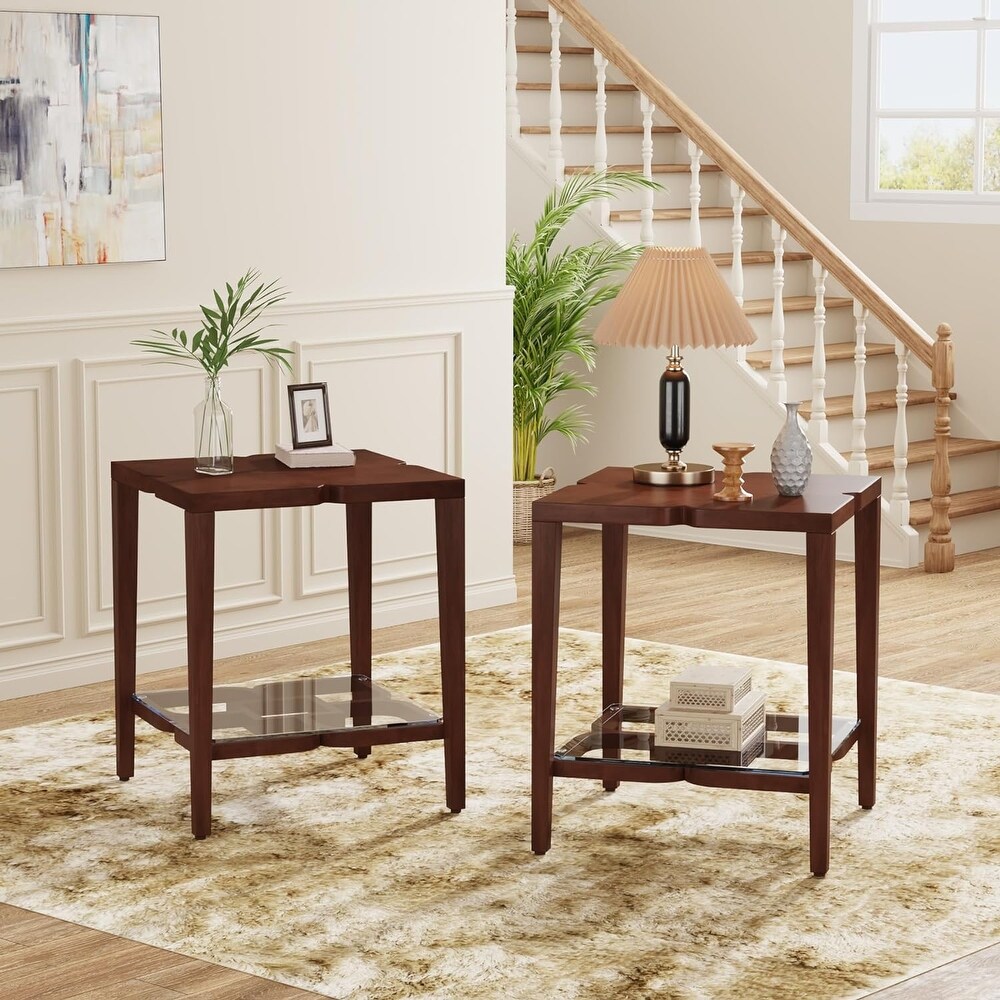 Wood Side Table  2 Tier End Table with Tempered Glass  Bedside Table