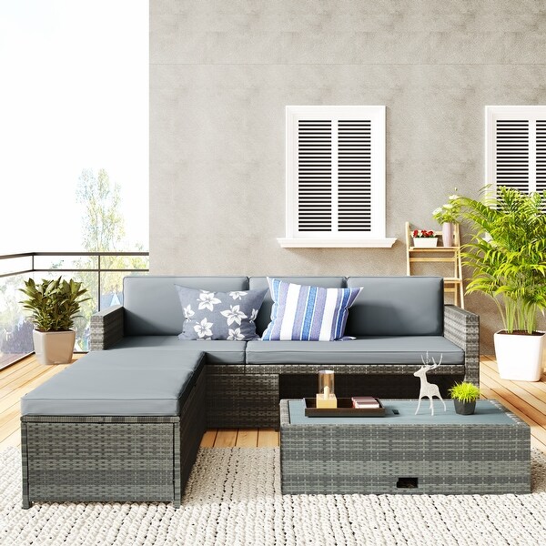 4-piece Outdoor Backyard Patio Rattan Sofa Set， All-weather PE Wicker Sectional Furniture Set with Retractable Table， Gray - Overstock - 34928746