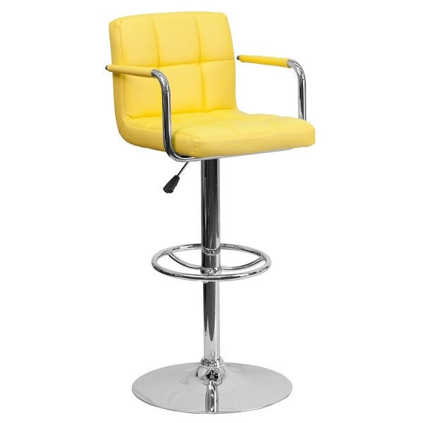 Yellow Quilted Vinyl Adjustable Height Barstool with Arms - as picture