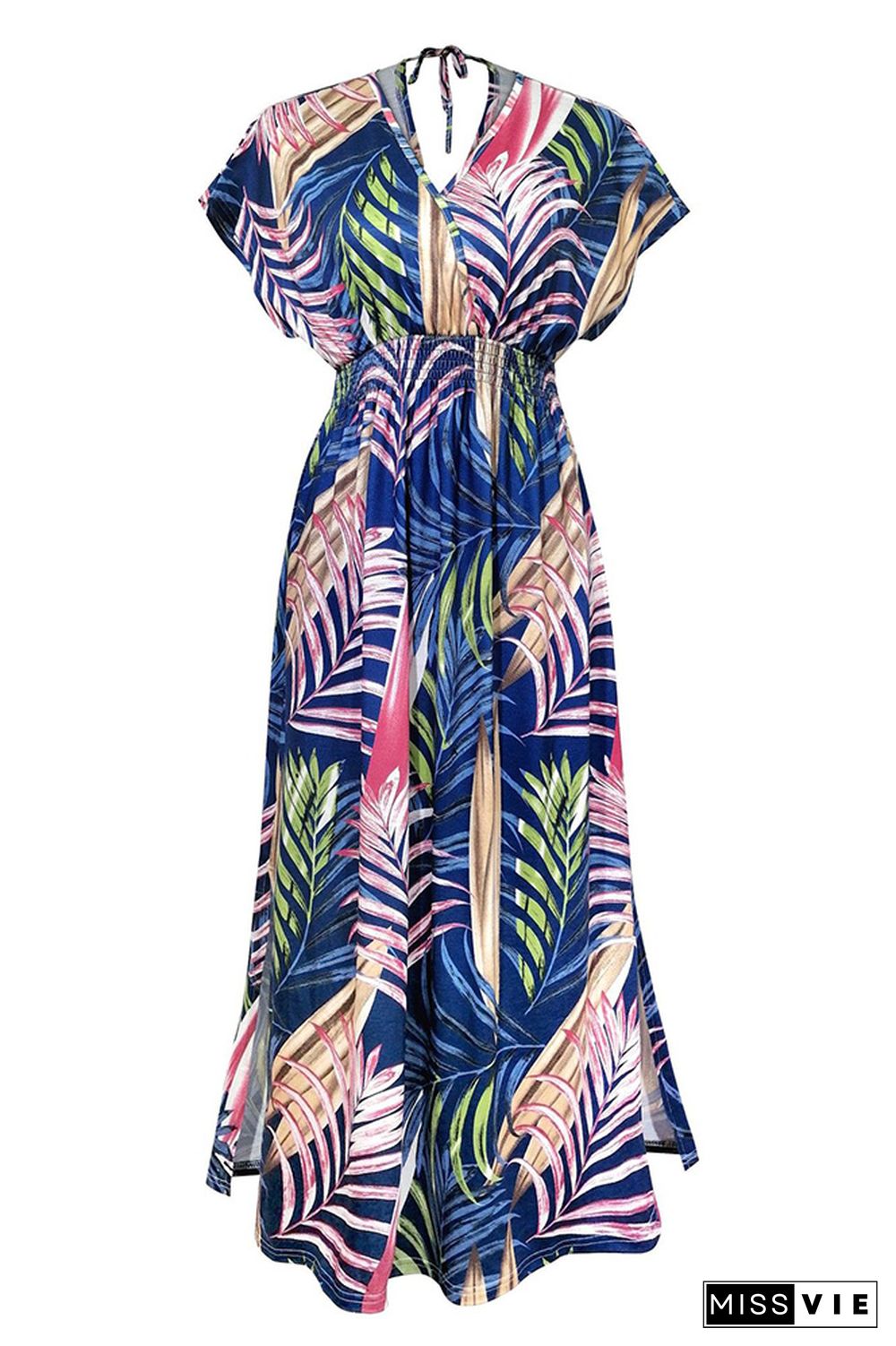 Printed V Neck Smocked Waist Maxi Dress