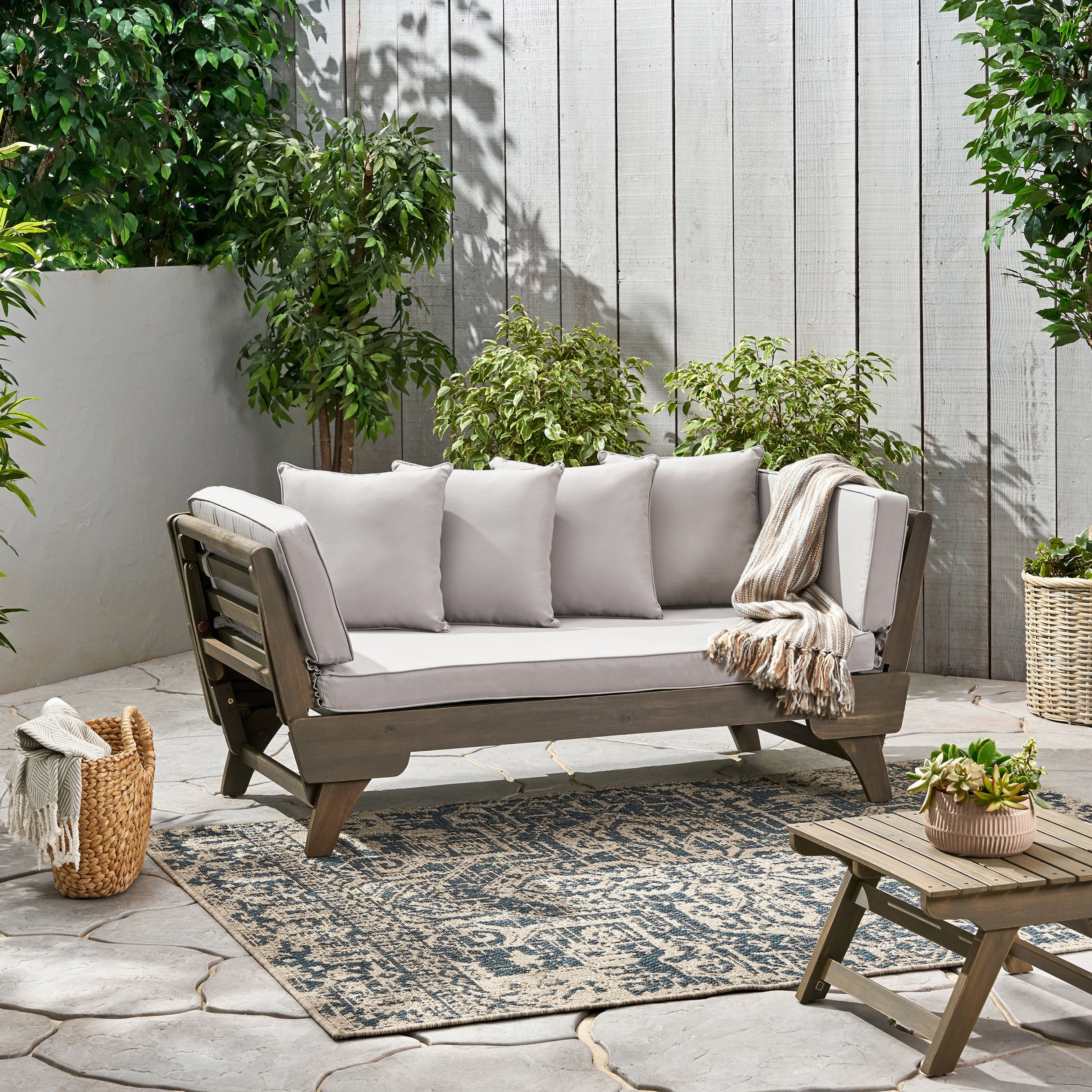 Othello Gray Acacia Convertible Outdoor Sofa Daybed