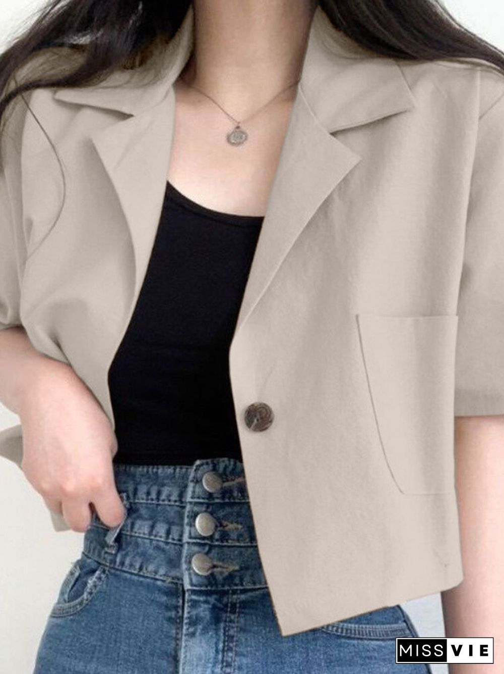 Solid Button Front Pocket Lapel Half Sleeve Casual Blazer